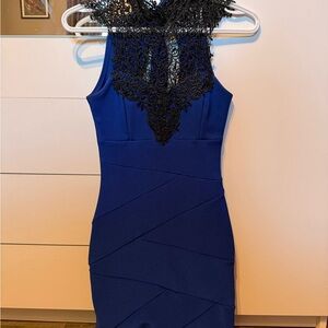 Le Chateau Royal Blue Dress with Black Lace